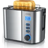 Arendo Toaster für 2 Scheiben mit Restzeitanzeige, 800W, wärmeisolierendes Doppelwandgehäuse, Brötchenaufsatz, Auftaufunktion, Silber