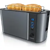 Arendo Toaster 4 Scheiben, Langschlitztoaster, Langschlitz, Edelstahl, 1500W, Display mit Restzeitanzeige, Brötchenaufsatz, Defrost Funktion, Wärmeisolierendes Gehäuse, Grau