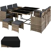TecTake Rattan Sitzgruppe Malaga inkl. Schutzhülle, stapelbar - Polyrattan, wasserabweisend - Tisch, Stühle, Hocker