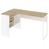 Dmora Plus Eckschreibtisch mit 3 Ablagen und 2 Schubladen, weiss und Eichenstruktur.