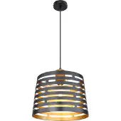Globo Lighting Hängeleuchte Metall schwarz matt, Holz naturfarben, Metall schwarz matt, goldfarben, Kabel PVC schwarz, Höhe kürzbar, ø: 350mm, H: 1200mm, exkl. 1x E27 60W 230V