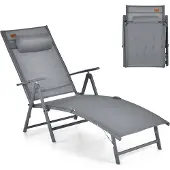 Costway Sonnenliege klappbar, Gartenliege mit Kopfstütze, 7 verstellbaren Rückenlehnen, Klappliege bis 150 kg belastbar, tragbarer Liegestuhl für Garten, Hinterhof, Balkon (Grau)