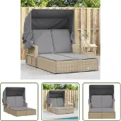 The Living Store Doppel-Sonnenliege mit Dach und Auflagen Beige Poly Rattan
