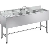 Vevor Spülbecken mit 3 Becken & 2 Abtropfflächen & Spritzschutz, Küchenspüle (1524 x 470 x 838 mm), Küchenspüle für Restaurants Imbisswagen Privaten Gebrauch, Edelstahlspüle mit Wasserhahn