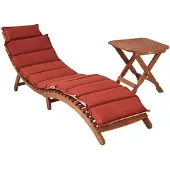 Merxx Gartenliegen Set Ipanema 2tlg., 1 Liege inkl. Wendeauflage rot/beige, Klapphocker 50 x 50 cm - Eukalyptus