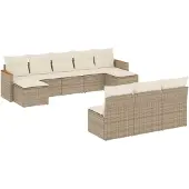 vidaXL 10-tlg. Garten-Sofagarnitur mit Kissen Beige Poly Rattan