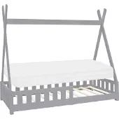 ML-Design Kinderbett Tipi 80x160 cm mit Matratze, Rausfallschutz und Lattenrost, aus Kiefernholz, Hellgrau, Hausbett mit Zaun Bodenbett Holzbett