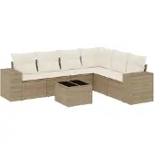vidaXL 7-tlg. Garten-Sofagarnitur mit Kissen Beige Poly Rattan