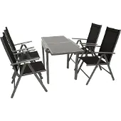 Degamo Gartenset Balkongarnitur Gartengarnitur AMALFI 5-teilig, 4x Klappsessel 8-fach verstellbar Aluminium + Kunstgewebe schwarz, Ausziehtisch 65/130x65cm Aluminium + Glas grau