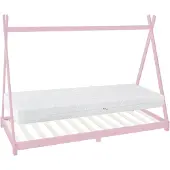 ML-Design Kinderbett Tipi 90x200 cm mit Matratze & Lattenrost, Rosa, Indianer Bett aus Kiefernholz Bodenbett Holzbett