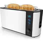 Arendo Toaster 2 Scheiben, Langschlitztoaster, Langschlitz, Edelstahl, 1000W, Display mit Restzeitanzeige, Brötchenaufsatz, Defrost Funktion, Wärmeisolierendes Gehäuse, weiß matt