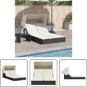 The Living Store Doppel-Sonnenliege mit Dach und Auflagen Schwarz Poly Rattan