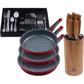 King 5tlg. Profi-Bratpfannenset »Moonscape 3er« ROT Bratpfannen flach (Ø20cm Ø24cm Ø28cm) + 6tlg. Messerblockset + 31tlg. Besteck