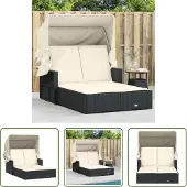 The Living Store Doppel-Sonnenliege mit Dach und Auflagen Schwarz Poly Rattan