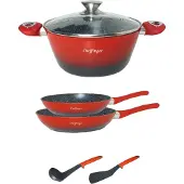 Cheffinger 6 tlg Kochgeschirr Kochtopf Set Topf Pfanne Küchenhelfer Deckel Induktion Rot