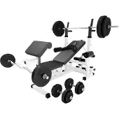 Gorilla Sports Kraftstation - inkl. Hantelset 100kg, mit Hantelablage, Latzug, Butterfly und Beincurl, Verstellbar, Weiß - Multifunktion Hantelbank, Trainingsbank, Fitnessstation