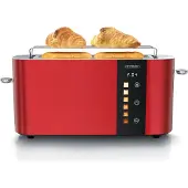 Arendo Toaster 2 Scheiben, Langschlitztoaster, Langschlitz, Edelstahl, 1000W, Display mit Restzeitanzeige, Brötchenaufsatz, Defrost Funktion, Wärmeisolierendes Gehäuse, Touch Display, rot