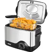 Unold 58615 Fritteuse Kompakt mit 1.200 W, wäremeisoliertes Cool-Touch-Gehäuse und Einer Füllmenge von bis zu 1,5 l Fett, Edelstahl, Schwarz