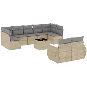 vidaXL 10-tlg. Garten-Sofagarnitur mit Kissen Beige Poly Rattan