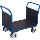 Schäfer Shop Doppel-Stirnwandwagen, Stahl/Siebdruckplatte, Enzianblau/Dunkelbraun, L 995 x B 700 mm, Sperrholz-Stirnwände, Vollgummi-Rollen mit EasySTOP, 1000 kg