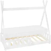 ML-Design Kinderbett Tipi 70x140 cm mit Matratze, Rausfallschutz und Lattenrost, aus Kiefernholz, Weiß, Hausbett mit Zaun Bodenbett Holzbett