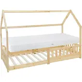ML-Design Kinderbett 90x200 cm mit Matratze, Rausfallschutz, Dach und Lattenrost, Natur, Hausbett aus Kiefernholz Bodenbett Holzbett