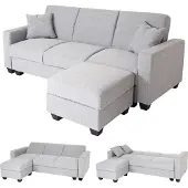 Mendler Sofa MCW-H47 mit Ottomane, Couch Sofa Gästebett, Schlaffunktion Stauraum 217x145cm Stoff/Textil hellgrau