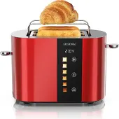 Arendo Toaster 2 Scheiben, Edelstahl, 800W, Display mit Restzeitanzeige, Brötchenaufsatz, Defrost Funktion, Wärmeisolierendes Gehäuse, Touch Display, rot