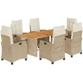 vidaXL 7-tlg. Garten-Essgruppe mit Kissen Beige Poly Rattan