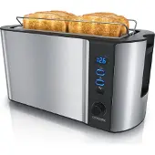 Arendo Toaster 4 Scheiben, Langschlitztoaster, Langschlitz, Edelstahl, 1500W, Display mit Restzeitanzeige, Brötchenaufsatz, Defrost Funktion, Wärmeisolierendes Gehäuse, Silber/Schwarz