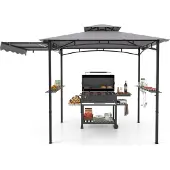 Costway Grillpavillon wetterfest, Grillüberdachungen mit Seitenmarkise, Doppeldach, Seitenregalen, Haken & Flaschenöffner 318x153x250cm