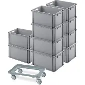 BRB-Lagertechnik 10 Eurobehälter 600x400x320 mm, grau + GRATIS Schwerlast-Transportroller