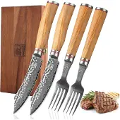 Zayiko Minami Damast 2er Steakbesteck-Set 12 cm Klingen Olivenholzgriffe Holzbox