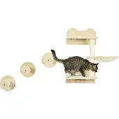 PawHut Katzen Kletterwand, 4-teilig, Katzenkletterwand, inkl. 1 x Sprungturm, 3 x Kratzbäume, Kletterwand Set, mit Hängematte, Sisal, Beige+Cremeweiß