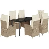 vidaXL 7-tlg. Garten-Essgruppe mit Kissen Beige Poly Rattan