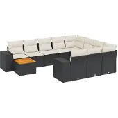 vidaXL 11-tlg. Garten-Sofagarnitur mit Kissen Schwarz Poly Rattan