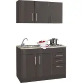 Held Möbel Singleküche Toronto 120 cm graphit hochglanz mit Kochmulde und Einbauspüle in Edelstahl