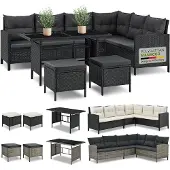 Juskys Polyrattan Lounge Manacor - Sofa, Tisch, Hocker & Kissen - Schwarz & Grau