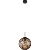 Globo Lighting Hängeleuchte Metall schwarz matt, Holz naturfarben, Kunststoff amber, Kunststoff schwarz matt, Kabel Textil Schwarz, ø: 250mm, H: 1200mm, exkl. 1x E27 LED 9W 230V