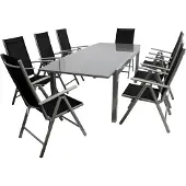 Degamo Gartenset Sitzgruppe Gartengarnitur MARINA 9-teilig, 8x Klappsessel 8-fach verstellbar, 1x Ausziehtisch mit Glasplatte 180/240x100cm), Aluminium + Kunstgewebe schwarz