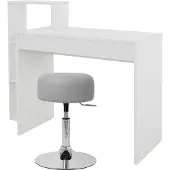 ML-Design Schreibtisch mit Sitzhocker, Weiß, Computertisch mit Regal, Polsterhocker Hocker Hellgrau, Ø33cm drehbar höhenverstellbar