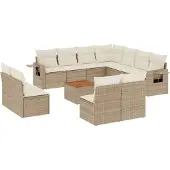 vidaXL 12-tlg. Garten-Sofagarnitur mit Kissen Beige Poly Rattan