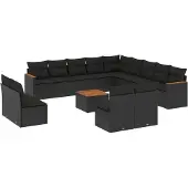 vidaXL 14-tlg. Garten-Sofagarnitur mit Kissen Schwarz Poly Rattan