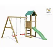 Fungoo Spielturm "Lucas" natur mit Doppelschaukel, Rutsche und Holzdach