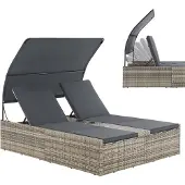 Juskys Polyrattan Doppelliege Syros - Outdoor Sonnenliege mit Dach & Auflagen - Grau-meliert