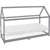 ML-Design Kinderbett 90x200 cm mit Matratze, Dach und Lattenrost, Hellgrau, Hausbett aus Kiefernholz Bodenbett Holzbett