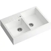 Quadron Spülbecken 2-Becken Spüle | Größe: 90 x 62 x 20,5 cm | BILL 120 | Granitspüle aus GraniteQ mit Siphon | Weiß + Stahl PVD