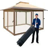 Costway 3,6x3,6m Faltpavillon mit Moskitonetz, Doppeldach und Tragetasche, Pavillon auf Rollen, wasserdicht, UV-Schutz 50+