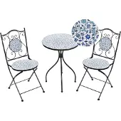 Beliani Balkonset Schwarz u. Blau Eisen 3-teilig Keramik Mosaik Runder Tisch mit 2 Stühlen Zusammenklappbar Garten Outdoor Terrasse Ausstattung Möbel