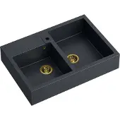 Quadron Spülbecken 2-Becken Spüle | Größe: 90 x 62 x 20,5 cm | BILL 120 | Granitspüle aus GraniteQ mit Siphon | Schwarz metallic + Gold PVD